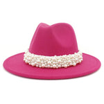 Jazz Fedora Hats with Pearls Band Women White Felted Top Cap Wide Brim-Winter Hats-Arimonz-56 to 58cm/22.04 to 22.83 inches-rose red-Arimonz