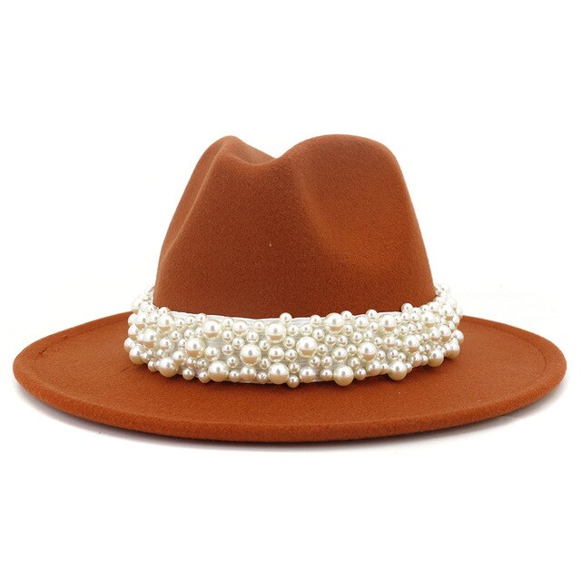 Jazz Fedora Hats with Pearls Band Women White Felted Top Cap Wide Brim-Winter Hats-Arimonz-56 to 58cm/22.04 to 22.83 inches-Rust red-Arimonz