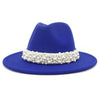 Jazz Fedora Hats with Pearls Band Women White Felted Top Cap Wide Brim-Winter Hats-Arimonz-56 to 58cm/22.04 to 22.83 inches-Sapphire blue-Arimonz