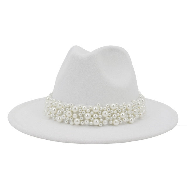 Jazz Fedora Hats with Pearls Band Women White Felted Top Cap Wide Brim-Winter Hats-Arimonz-56 to 58cm/22.04 to 22.83 inches-White-Arimonz