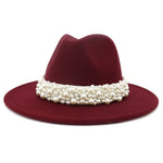 Jazz Fedora Hats with Pearls Band Women White Felted Top Cap Wide Brim-Winter Hats-Arimonz-56 to 58cm/22.04 to 22.83 inches-wine red-Arimonz