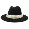 Jazz Fedora Hats with Pearls Band Women White Felted Top Cap Wide Brim-Winter Hats-Arimonz-Arimonz