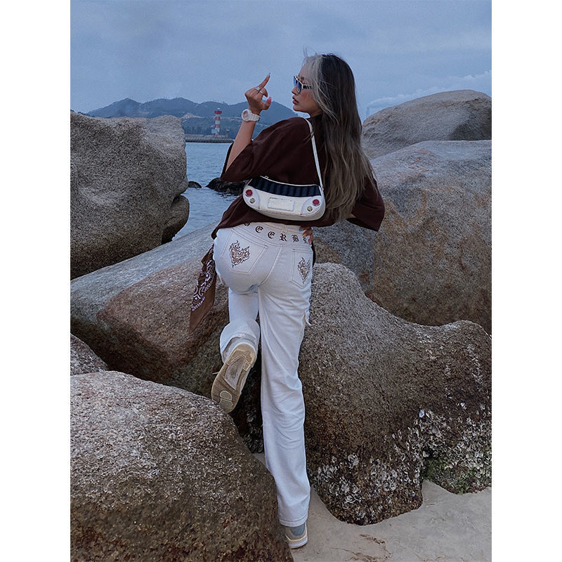 Jeans Women High Waist Street Embroidery Street Wide Leg Pants-Straight Jeans-Arimonz-Arimonz
