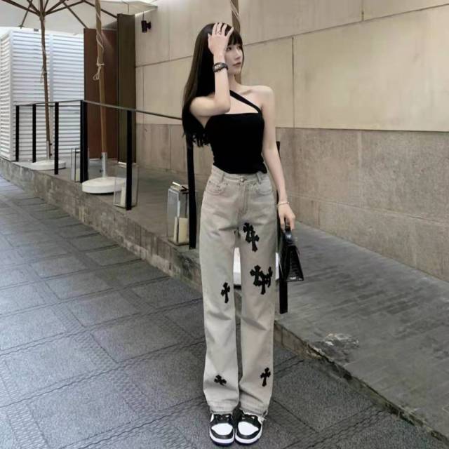 Jeans Women High Waist Street Embroidery Street Wide Leg Pants-Straight Jeans-Arimonz-Gray-S-Arimonz