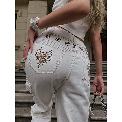 Jeans Women High Waist Street Embroidery Street Wide Leg Pants-Straight Jeans-Arimonz-Arimonz