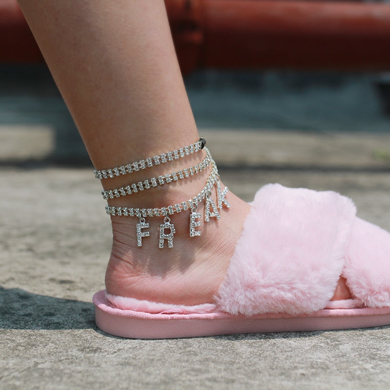 Jewelry Letter Long Anklet Multi-layer Rhinestone Bracelet For Ankle-Anklets-Arimonz-Arimonz