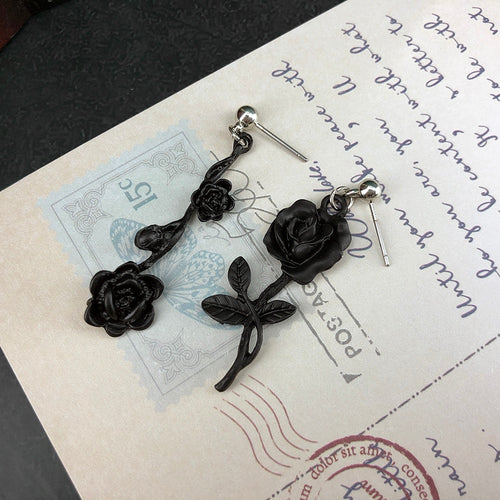 Jewelry Rose Ear Stud Unglazed Black Asymmetry Dangle Earring-Earrings-Arimonz-Arimonz