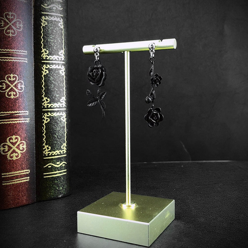 Jewelry Rose Ear Stud Unglazed Black Asymmetry Dangle Earring-Earrings-Arimonz-Arimonz