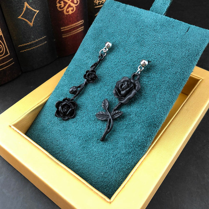 Jewelry Rose Ear Stud Unglazed Black Asymmetry Dangle Earring-Earrings-Arimonz-Arimonz