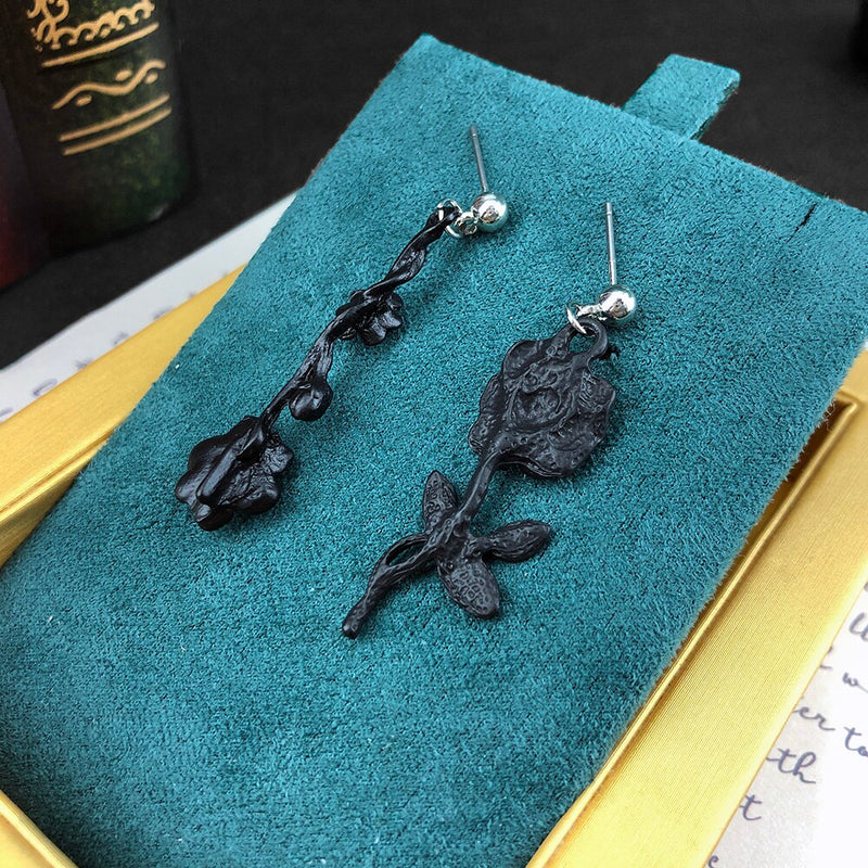 Jewelry Rose Ear Stud Unglazed Black Asymmetry Dangle Earring-Earrings-Arimonz-Arimonz