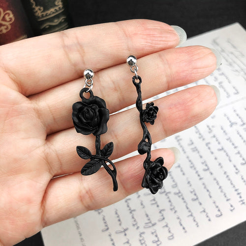Jewelry Rose Ear Stud Unglazed Black Asymmetry Dangle Earring-Earrings-Arimonz-Arimonz