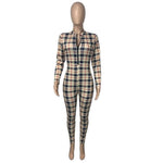 Jumpsuit Women Zipper Long-Sleeve Fashion Plaid Print Jumpsuit-Night Out Jumpsuits & Rompers-Arimonz-S-Beige-Arimonz