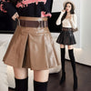 Khaki Black Pleated Skirts Women High Waist PU Leather Skirt Shorts-Shorts-Arimonz-Arimonz