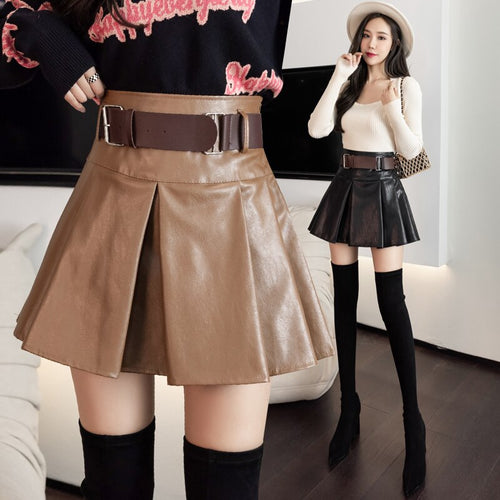 Khaki Black Pleated Skirts Women High Waist PU Leather Skirt Shorts-Shorts-Arimonz-Arimonz