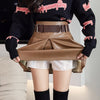 Khaki Black Pleated Skirts Women High Waist PU Leather Skirt Shorts-Shorts-Arimonz-Arimonz