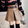Khaki Black Pleated Skirts Women High Waist PU Leather Skirt Shorts-Shorts-Arimonz-Arimonz