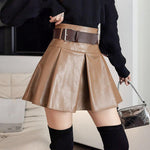 Khaki Black Pleated Skirts Women High Waist PU Leather Skirt Shorts-Shorts-Arimonz-Arimonz