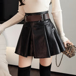 Khaki Black Pleated Skirts Women High Waist PU Leather Skirt Shorts-Shorts-Arimonz-black-S-Arimonz