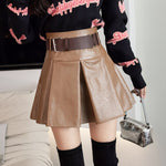 Khaki Black Pleated Skirts Women High Waist PU Leather Skirt Shorts-Shorts-Arimonz-Khaki-S-Arimonz