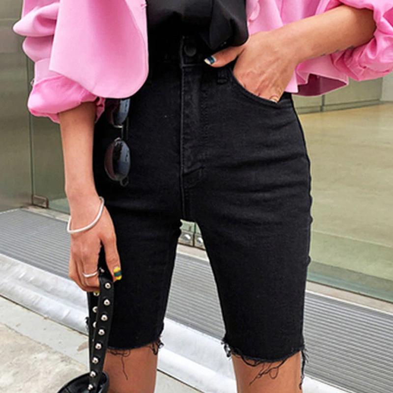 Knee Length Denim Shorts Women Push Up High Waist Biker Shorts-Denim Shorts-Arimonz-Arimonz