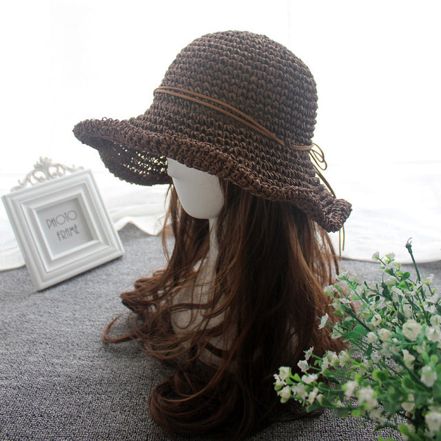 Ladies Sun Hat For Women Bowknot Raffia Straw Hat Foldable Summer Hat-Summer Hats-Arimonz-hat deep coffee-Arimonz