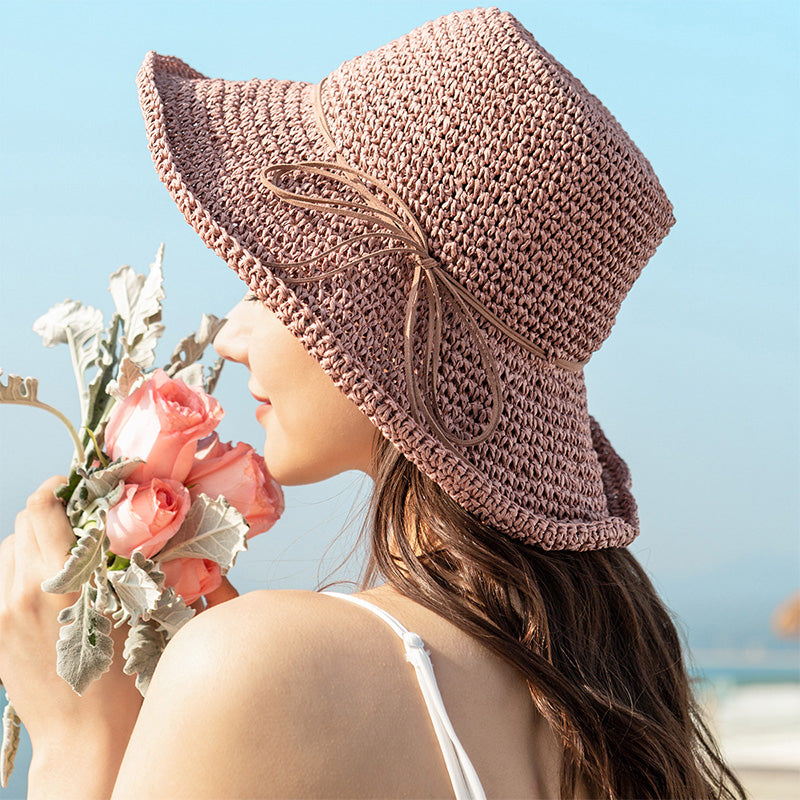 Ladies Sun Hat For Women Bowknot Raffia Straw Hat Foldable Summer Hat-Summer Hats-Arimonz-Arimonz