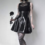 Leather Black Skirt High Waist Suspender Mini Skirt Women A Line Skirt-Skirts-Arimonz-Arimonz