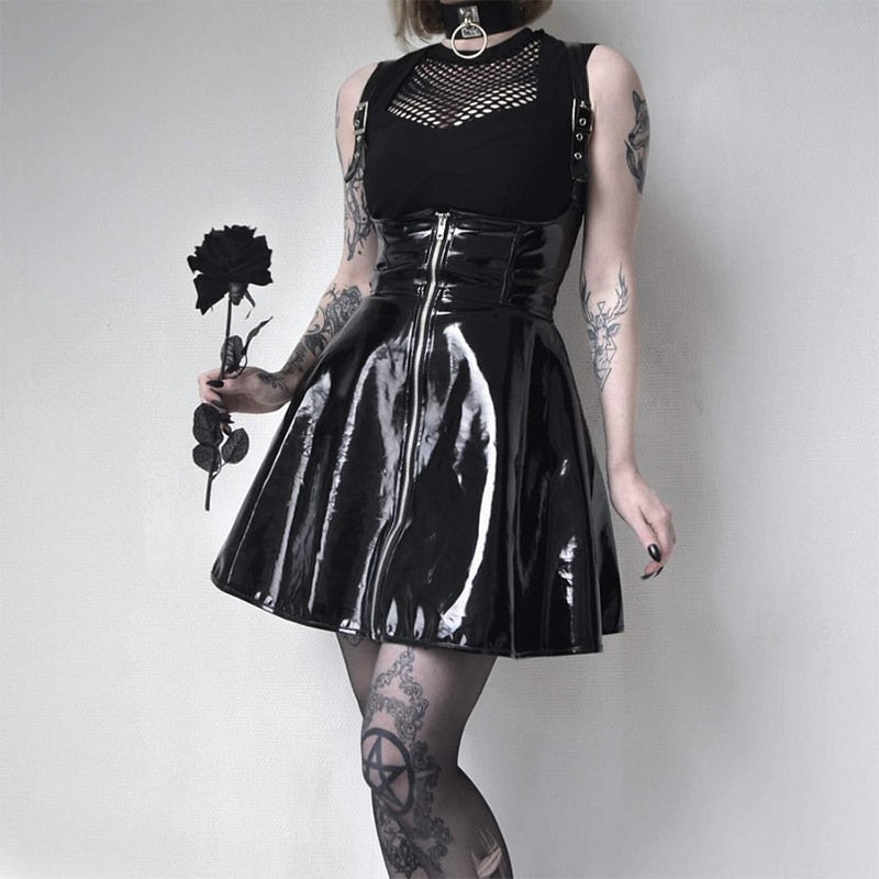 Leather Black Skirt High Waist Suspender Mini Skirt Women A Line Skirt-Skirts-Arimonz-Arimonz
