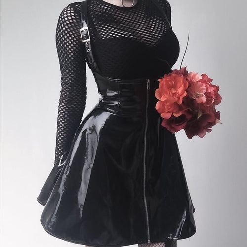 Leather Black Skirt High Waist Suspender Mini Skirt Women A Line Skirt-Skirts-Arimonz-Arimonz