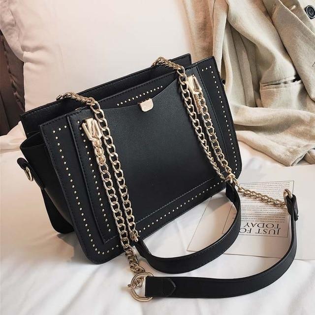 Leather Gianna Handbag Metal Chain Tote For Women-Handbags-Arimonz-Black-Arimonz