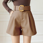 Leather Shorts Loose High Waist Shorts With Belt Fashion Short-Shorts-Arimonz-Arimonz