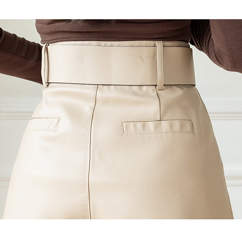 Leather Shorts Loose High Waist Shorts With Belt Fashion Short-Shorts-Arimonz-Arimonz