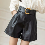 Leather Shorts Loose High Waist Shorts With Belt Fashion Short-Shorts-Arimonz-black-S-Arimonz