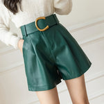 Leather Shorts Loose High Waist Shorts With Belt Fashion Short-Shorts-Arimonz-green-S-Arimonz