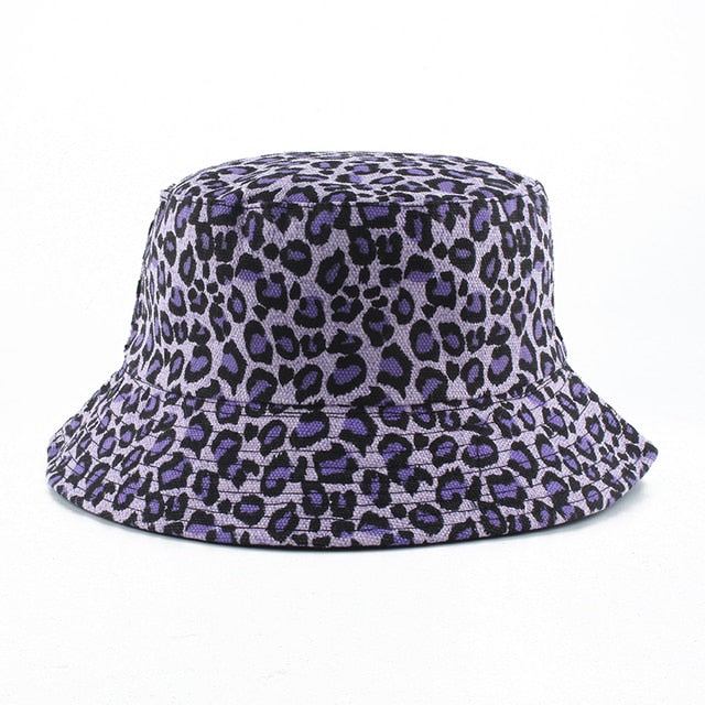 Leopard Print Bucket Hat Reversible Hat Outdoor Travel Cap-Bucket Hats-Arimonz-purple leopard-Arimonz