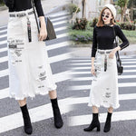 Letter Printed White Tassels High Waist Long Denim Skirts-Denim Skirts-Arimonz-Arimonz