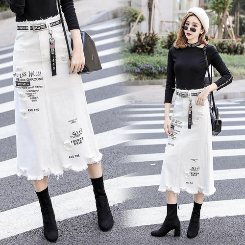 Letter Printed White Tassels High Waist Long Denim Skirts-Denim Skirts-Arimonz-Arimonz