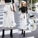 Letter Printed White Tassels High Waist Long Denim Skirts-Denim Skirts-Arimonz-Arimonz