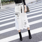 Letter Printed White Tassels High Waist Long Denim Skirts-Denim Skirts-Arimonz-Arimonz