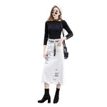 Letter Printed White Tassels High Waist Long Denim Skirts-Denim Skirts-Arimonz-Arimonz