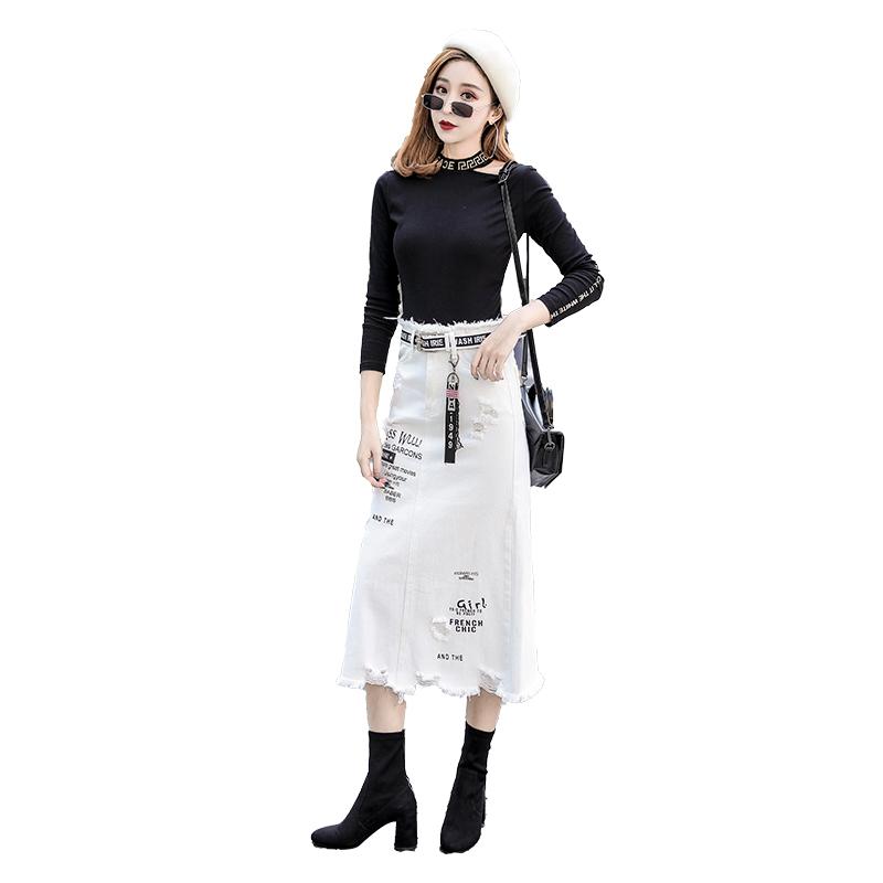 Letter Printed White Tassels High Waist Long Denim Skirts-Denim Skirts-Arimonz-Arimonz