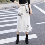 Letter Printed White Tassels High Waist Long Denim Skirts-Denim Skirts-Arimonz-S-Arimonz