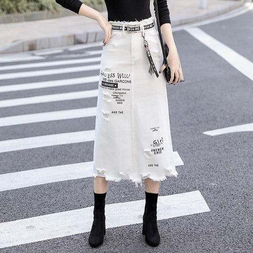Letter Printed White Tassels High Waist Long Denim Skirts-Denim Skirts-Arimonz-S-Arimonz