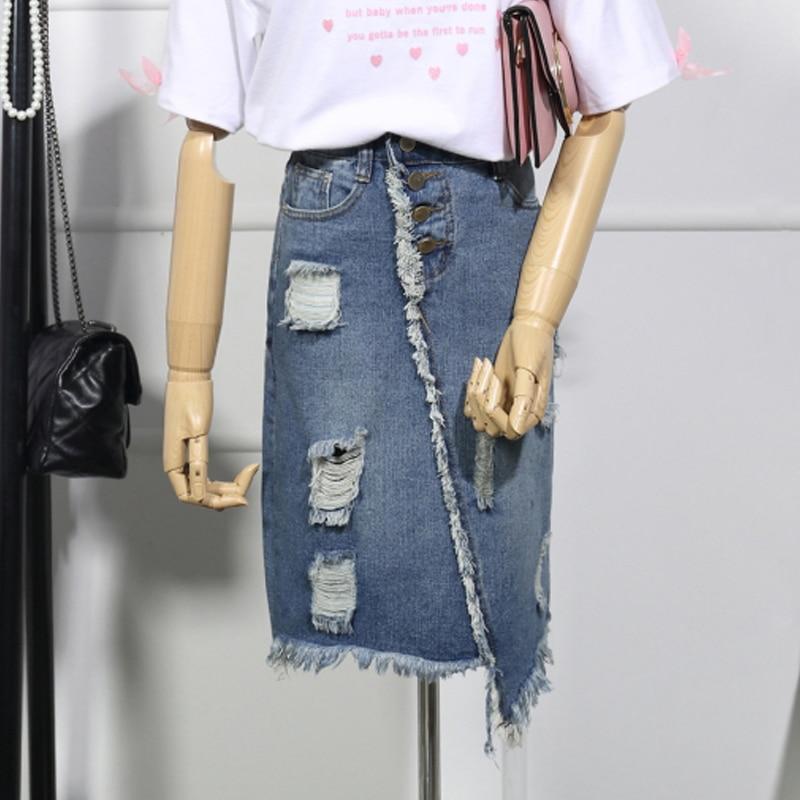 Light Blue Button Ripped Midi Denim Skirts-Denim Skirts-Arimonz-Arimonz