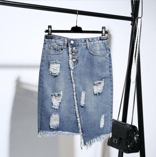Light Blue Button Ripped Midi Denim Skirts-Denim Skirts-Arimonz-Arimonz