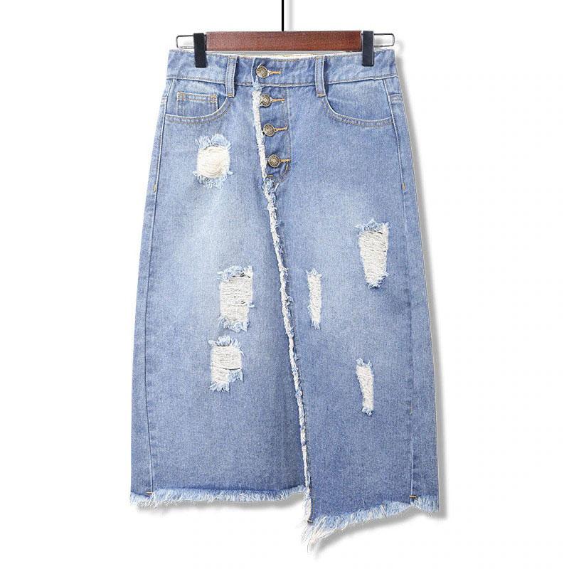 Light Blue Button Ripped Midi Denim Skirts-Denim Skirts-Arimonz-S-Arimonz
