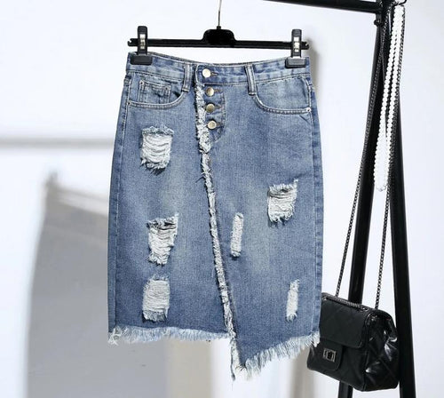 Light Blue Button Ripped Midi Denim Skirts-Denim Skirts-Arimonz-Arimonz