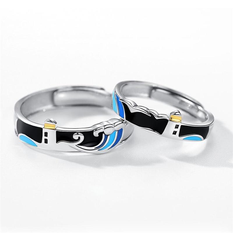 Lighthouse Seagull Couple Ring Resizable Opening Romantic Couple Rings-Rings-Arimonz-Arimonz