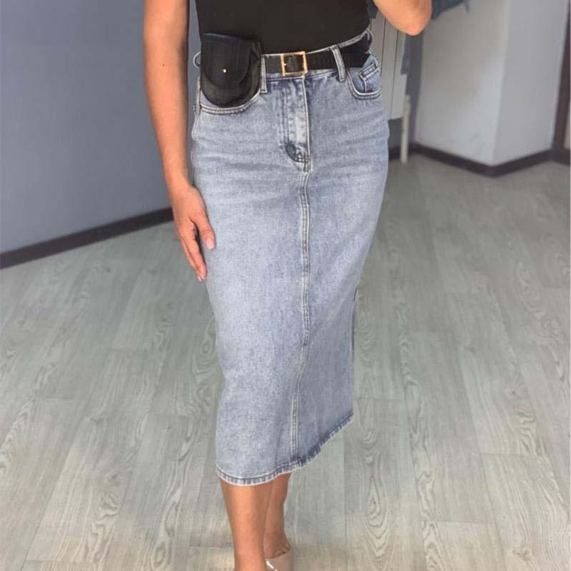 【INCHANT ME】Stitched Belt Denim Long Skirt Long Denim Skirt Women Vintage High Waist Jeans Skirt with