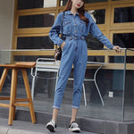 Long Sleeve Jeans Denim Jumpsuit Elastic Waist Jeans Rompers Overalls-Casual Jumpsuits & Rompers-Arimonz-Arimonz